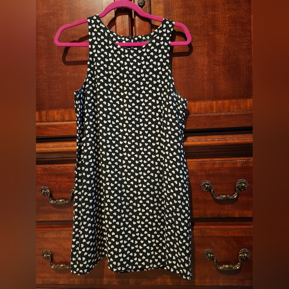 Papillon, size M, high neck, black and white heart dot mini dress